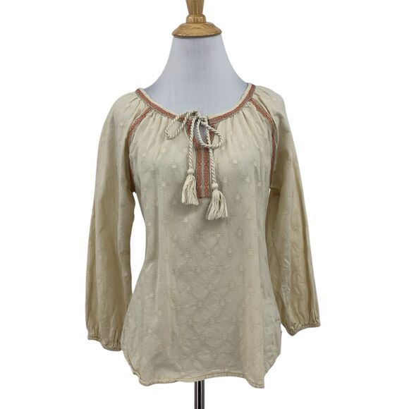 Prana Top Women Extra Small Sand Orange Verano Tassel Tie Raglan Sleeve Peasant - Picture 1 of 14